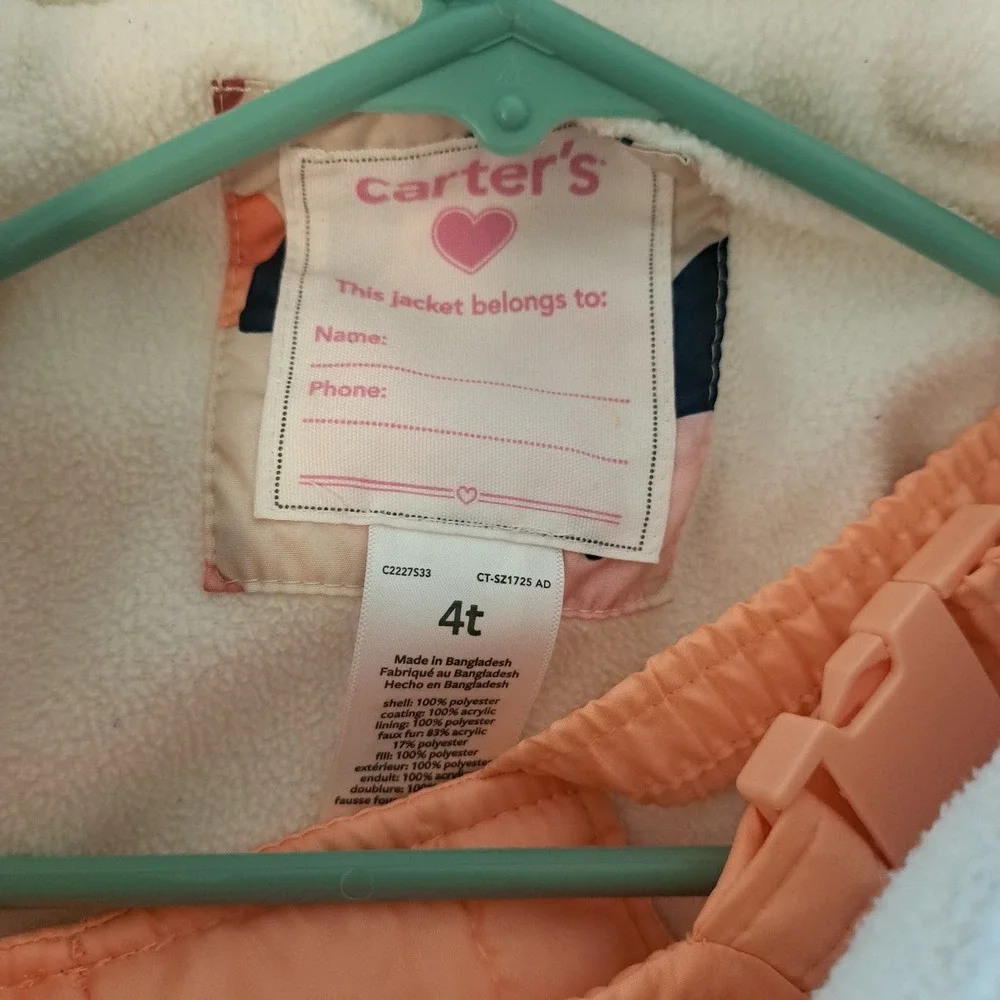 Carters Girls 4T Floral Puffer Jacket and Peach Snow Bibs 2 Piece Snowsuit Set